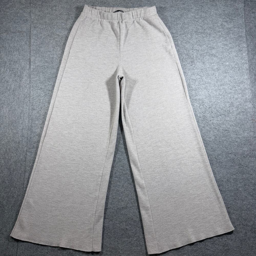 Zara Pants Womens M Oatmeal Wide Leg Ribbed Knit High Rise Flared Stretch